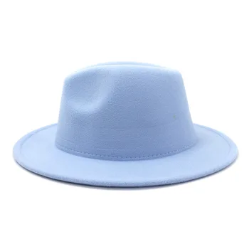 2021 Nye Ankomst Enkel Himmel Blå Uld Filt Fedora Hat til Kvinder Solid Farve Panama Gamble Hvid Jazz Cap Fedoras
