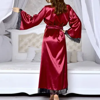 2021 Nye Mode Solid Robe Kvinder Babydoll Langærmet Natkjole Damer Silke Satin Glat Åndbar Kvindelige Lace Nattøj