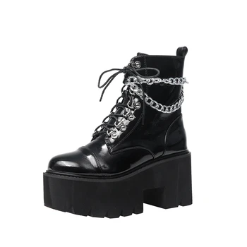 2021 Nye Patent Læder Gothic Black Støvler Kvinder Hæl Sexet Kæde Chunky Hæl Platform Støvler Kvindelige Punk Style Støvler Lynlås