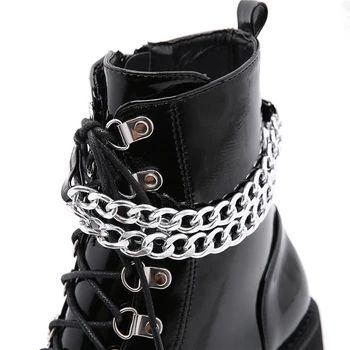 2021 Nye Patent Læder Gothic Black Støvler Kvinder Hæl Sexet Kæde Chunky Hæl Platform Støvler Kvindelige Punk Style Støvler Lynlås