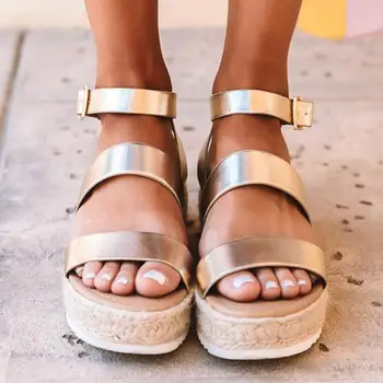 2021 Nye Sommer Kvinder Gyldne Sandaler, Platform Hæle På Tværs Af Ankel Rem Lace Peep Toe Beach Party Damer Sko Shoes Sandaler