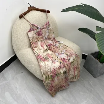 2021 Nye Sommer Kvinder, Mode I Høj Kvalitet Silke Pink Blomster Print Camisole Stropløs Midi Kjoler