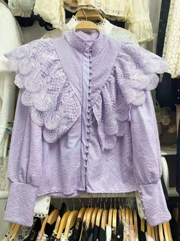2021 Nye Vintage Bluse Foråret Efteråret Flæser Hvid Skjorte Top Kvinder Broderi Stå Krave Chiffon Blonder Bluser For Kvinder