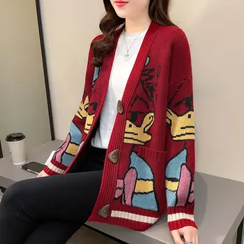 2021 Nye Vintage Jacquard Sweater Frakke Kvinder er Forår Løs Frakke Doven Vind Fortykket Strikket Cardigan Fashion