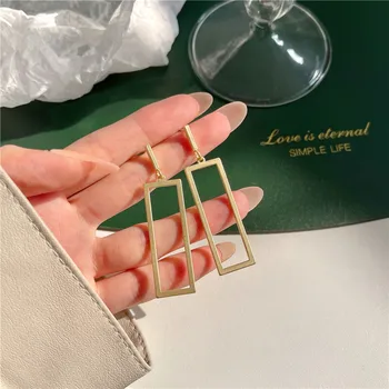 2021 Nye Vintage Simple Mat Guld Firkantede Geometriske Vedhæng Øreringe til Ikke Gennemboret Kvinder Lang Enkle Øre Smykker Engros