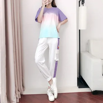 2021 Nye koreanske Sport To delt Sæt Mode Kvinder Tøj Sommeren Afslappet Sportstøj Udskrive Kort Ærme T-shirt+Harem Bukser Kvindelige