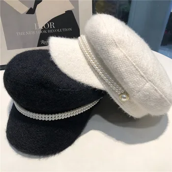 2021 Nye pearl tilføje khaki farve pearl knapper vinter varm imiteret pels dame ottekantede hat kvinder fritids-visor cap