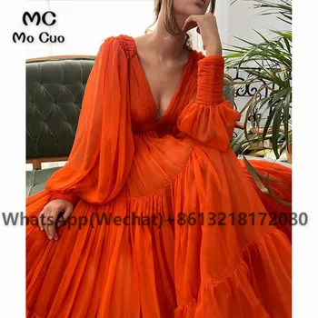 2021 Orange Arabisk Prom Kjoler, Lange Dybe V-Hals Dubai Chiffon Puffy Lange Ærmer Robe De Soiree Party Aften Prom Dress