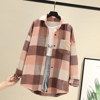 2021 Retro Forår og Efterår Ny Skjorte Slebet Løs Uldne Frakke Kvindelige Ternet langærmet Skjorte Ternet Skjorte koreansk Mode Toppe