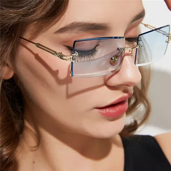 2021 Retro Solbriller Kvinder Brand Designer Mode Uindfattede Gradient Sol Briller Nuancer Skære Linse Damer Rammeløse Briller