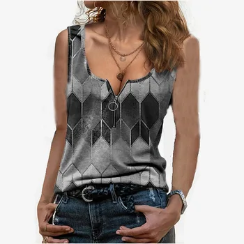 2021 Sexet Vintage V-Neck Vest Sommer Uden Ærmer Fashion Damer Geometriske Print Og Lynlås, T-Shirt Bunden Shirt Kvinder Tøj