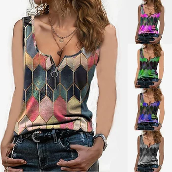 2021 Sexet Vintage V-Neck Vest Sommer Uden Ærmer Fashion Damer Geometriske Print Og Lynlås, T-Shirt Bunden Shirt Kvinder Tøj