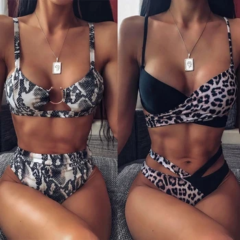2021 Sommer, Sexede Bikini Sæt Kvinder, Høj Talje Leopard Snake Print Delt Badedragt Push Up Bandeau G-Streng Brasilianske Biquini Badetøj