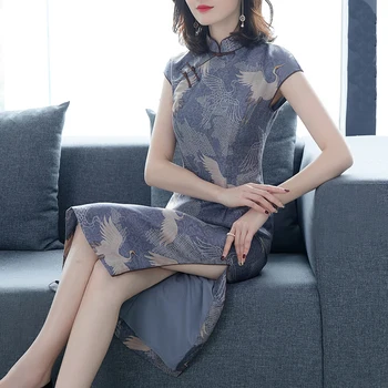 2021 Sommeren Kinesisk Stil Kvinder Cheongsam Sexet Midi Kjole Print 3XL Plus Size kortærmet Kjole Elegant Bodycon Part Vestidos