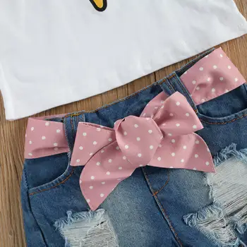 2021 Sommeren Moderigtigt Kids Baby Piger Mode 2-delt Sæt Tøj Korte Ærmer Pompom Toppe+Denim Shorts Sæt Hot Salg