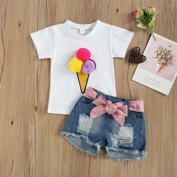 2021 Sommeren Moderigtigt Kids Baby Piger Mode 2-delt Sæt Tøj Korte Ærmer Pompom Toppe+Denim Shorts Sæt Hot Salg