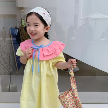 2021 Sommeren New Kids Tøj Koreanske Kjole Solid Piger Korte Ærmer Børn Outfits