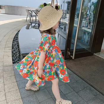 2021 Sommeren Nye Piger Dress Børns Blomst Trykt Bomuld Kjoler Baby koreansk Stil Tøj til Børn Afslappet Sundress