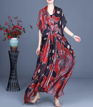 2021 Sommeren Nye V-Hals Tencel Trykt Lace-up Slank Mode Slynge To-piece Suit Kvinder Kjoler