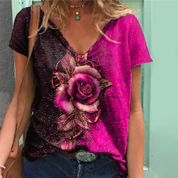 2021 Sommeren Vintage Rose Trykt Kvinder T-shirt Sexy V Hals Korte Ærmer Toppe Tøj Mode Elegant Slynge Slank Y2k Top