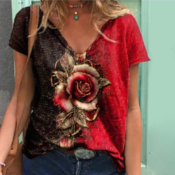 2021 Sommeren Vintage Rose Trykt Kvinder T-shirt Sexy V Hals Korte Ærmer Toppe Tøj Mode Elegant Slynge Slank Y2k Top