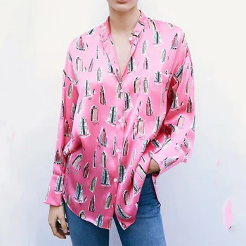 2021 Sommeren ZA Kvinder Bluser Bygning Trykte Shirts Kontor Dame Overdele Enkelt Breasted O-hals langærmet Bluser
