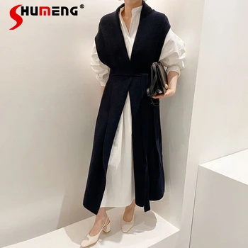2021 Spring Ny koreansk Stil Hvid Lang Skjorte, Kjoler Sort Strik Cardigan Vest Kvinders Løs Casual Kjole Passer til To-delt Sæt