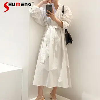 2021 Spring Ny koreansk Stil Hvid Lang Skjorte, Kjoler Sort Strik Cardigan Vest Kvinders Løs Casual Kjole Passer til To-delt Sæt