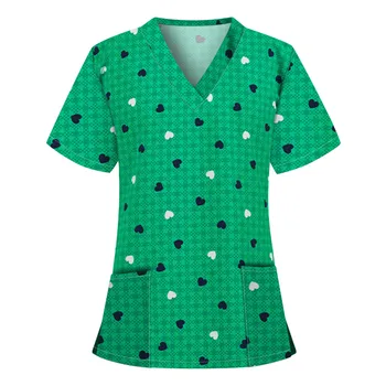 2021 Veterinære Kvinder Uniformer Krat Toppe Hjerte Print Kortærmet Bluse Pet Shop Sygepleje Kostume Bomuld Arbejder Uniform A50