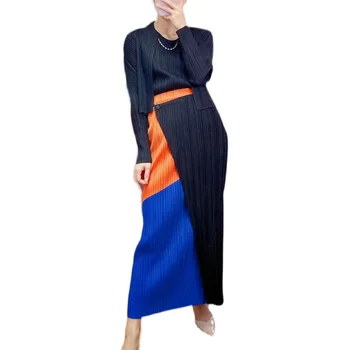2021 foråret og sommeren nye kvinders farve matchende nederdel Miyak fold Mode slank høj elastisk mid-længde knappet hip nederdel bundet