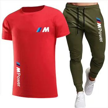 2021 nye BMW mode afslappet sportstøj sommeren brev udskrivning passer til mænds jogging, fitness tøj til mænd T-shirt + tynde bukser 2-pi