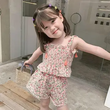 2021 sommer piger blomstret bluse shorts, der passer baby udenlandske stil camisole bukser to-stykke tendens P4349