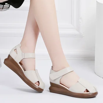 2021 sommeren nyt ud sandaler kvinder læder hule tyk bund skråning hæl casual flad bund mor sandaler kvinder hvid large