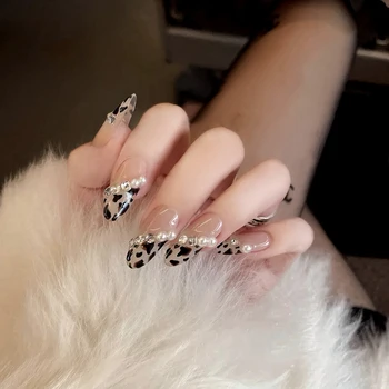 24pcs Leopard Pearl Bære Lange Stykke Mode Manicure Patch Falske Negle og Spar Tid Bærbare Nail Patch SANA889