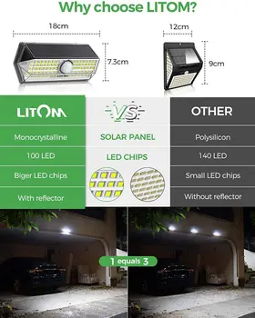 2STK LITOM 100 LED Opgraderet Sol Lys 4 Belysning Tilstande, IP67 Vandtæt Motion Sensor Udendørs Sol Væg Lamper til Haven Park