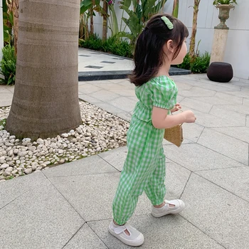 2STK Piger koreanske Plaid Blomstret Tøj Passer til 1-7Years Baby Kids U-hals Top+Bukser Outfits Sæt Sommer Børns Pige Tøj
