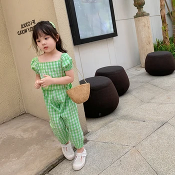 2STK Piger koreanske Plaid Blomstret Tøj Passer til 1-7Years Baby Kids U-hals Top+Bukser Outfits Sæt Sommer Børns Pige Tøj