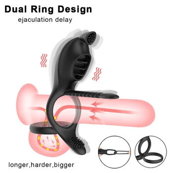 3-i-1-Penis Ring med Vibrator Dobbelt Pik Forsinke Ejakulation Klitoris Stimulator Cunnilingus Penis Ring Pungen sexlegetøj for Par