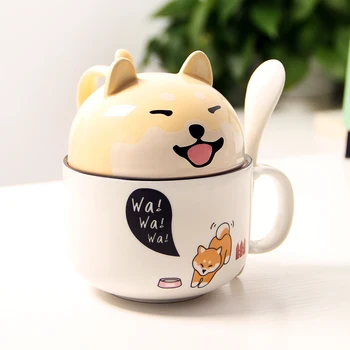 3D Keramisk Dog Kaffe Krus med Ske Låg Porcelæn Mælk Cup Cartoon Akita Dyr Rejse Vand Krus Elskere Køkken Drinkware
