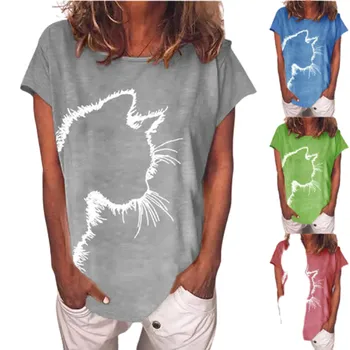 3XL Søde Kat Print Kvinder T-Shirt 2021 Nye Sommer Korte Ærmer O-Neck Tee Casual Løs O-Hals Top Bomuld Ladies T-Shirt Plus Størrelse