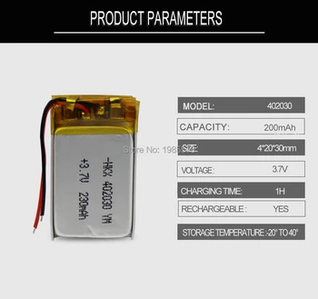 402030 042030 Polymer Lithium Batteri 3,7 V 200mah Genopladelige Batterier til MP3-MP4 Ure Toy Cell Phone GPS