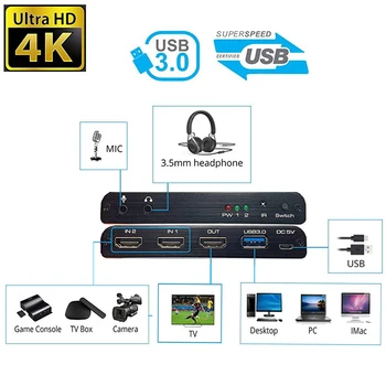 4K@60fps USB-Spil Capture-Kort, HDMI-kompatible Spil Live Streaming 2 In / 1 Out USB 3.0 Video Capture-Kort til Youtube PS4 PC