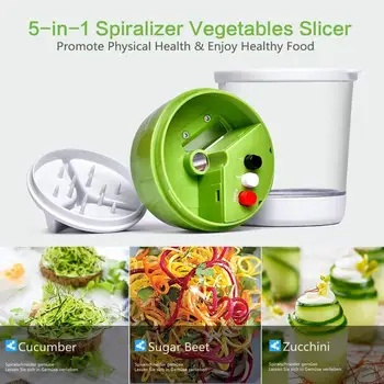 5 in1 Bærbare Håndholdte Spiralizer Vegetabilske Pålægsmaskine Justerbar Spiral Cutter med Container Zucchini Noodle Kaffefaciliteter Spiral Slicer