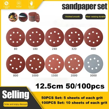 50/100pcs 125mm Sandpapir Runde Form Slibning Diske Hook og Loop slibepapiret Polering Ark Sandpapir 8 Hul Sander Polering Pad