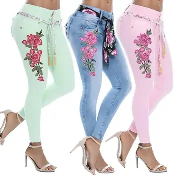50% Kvinders Bukser Hot Salg Jeans med Høj Talje Hud-venlige Denim Kvinder, Blomster Broderi Blyant Bukser Til Office Mode