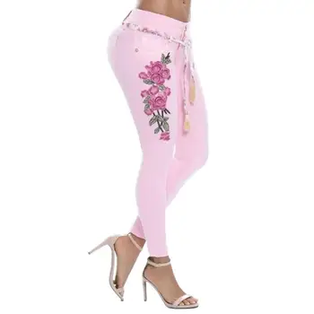 50% Kvinders Bukser Hot Salg Jeans med Høj Talje Hud-venlige Denim Kvinder, Blomster Broderi Blyant Bukser Til Office Mode