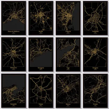 5D DIY Black Gold Kort Diamant Maleri Cross Stitch Abstrakte Spanien City Diamond Broderi Mosaik Hjem, Rum Udsmykning Kunst