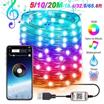 5M 10M 20M RGB LED String Lys Bluetooth-Musik Kontrol Eventyr Bryllup Dekoration String Lys Vandtæt USB kobbertråd Lys