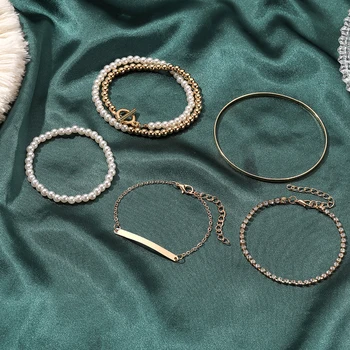 5pcs Kvinder Metal Perle Armbånd Sæt den Amerikanske Street-Kæde Armbånd Smykker 2020 Nye Mode Gave Til Piger