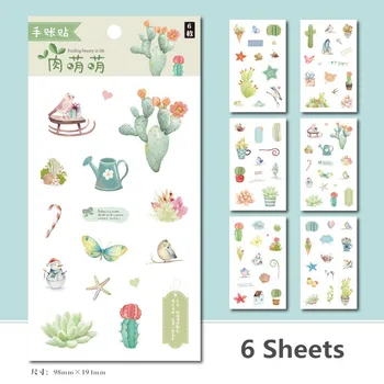 6 Ark/Sæt Søde Kaktus med Blomster og Dekorative Sticker DIY Dagbog Scrapbooking Label Klistermærker Gave Papirvarer